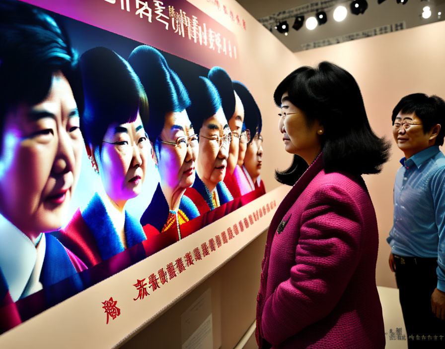 Woman in Pink Blazer Observing Colorful Graphic Profiles with Man and Chinese Characters