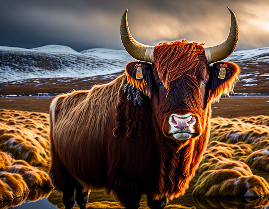 Brown Highland Cow in Snow-Capped Highland Landscape