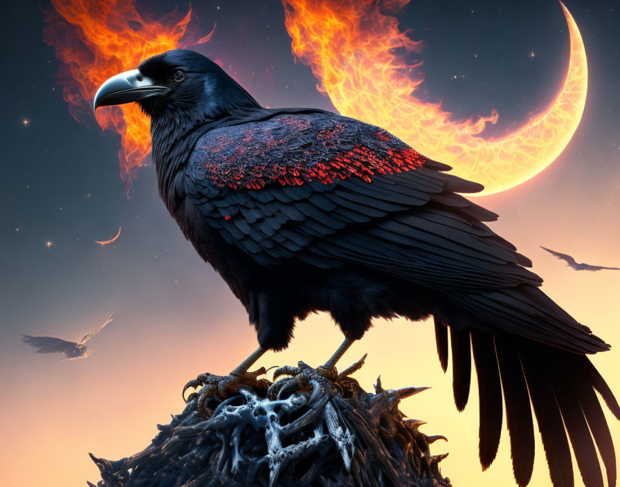 Raven on nest under fiery aurora with crescent moon in twilight sky