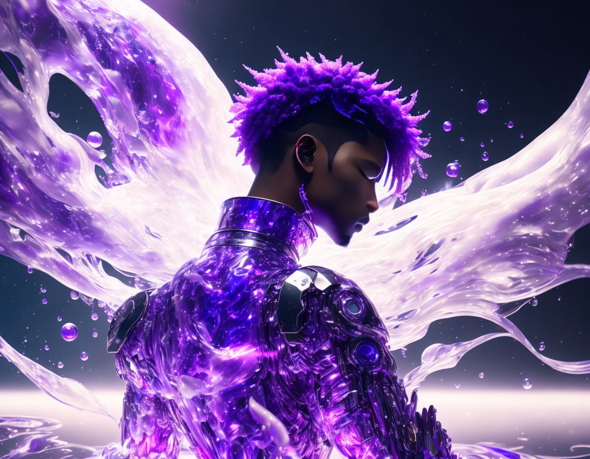 Purple-haired cybernetic person in 3D render with swirling liquid and luminescent purple glow