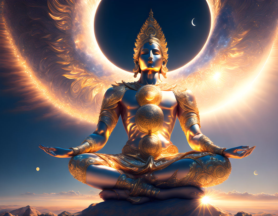 Ornate multi-armed figure meditates with fiery halo in celestial setting