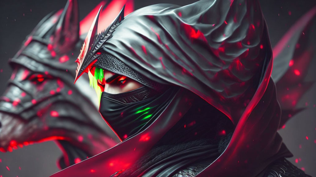 Masked Figure in Black and Red Armor with Glowing Green Eyes and Dragon Head