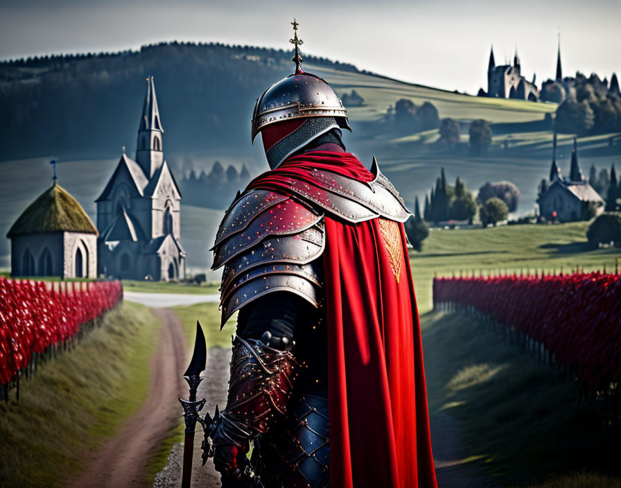 Medieval knight in full armor with red cape on road overlooking rural landscape.