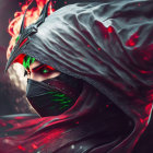 Masked Figure in Black and Red Armor with Glowing Green Eyes and Dragon Head