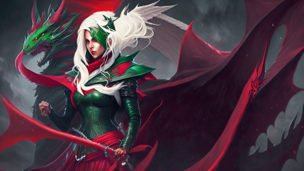 Fantasy-themed illustration of white-haired warrior woman with green armor and dragons