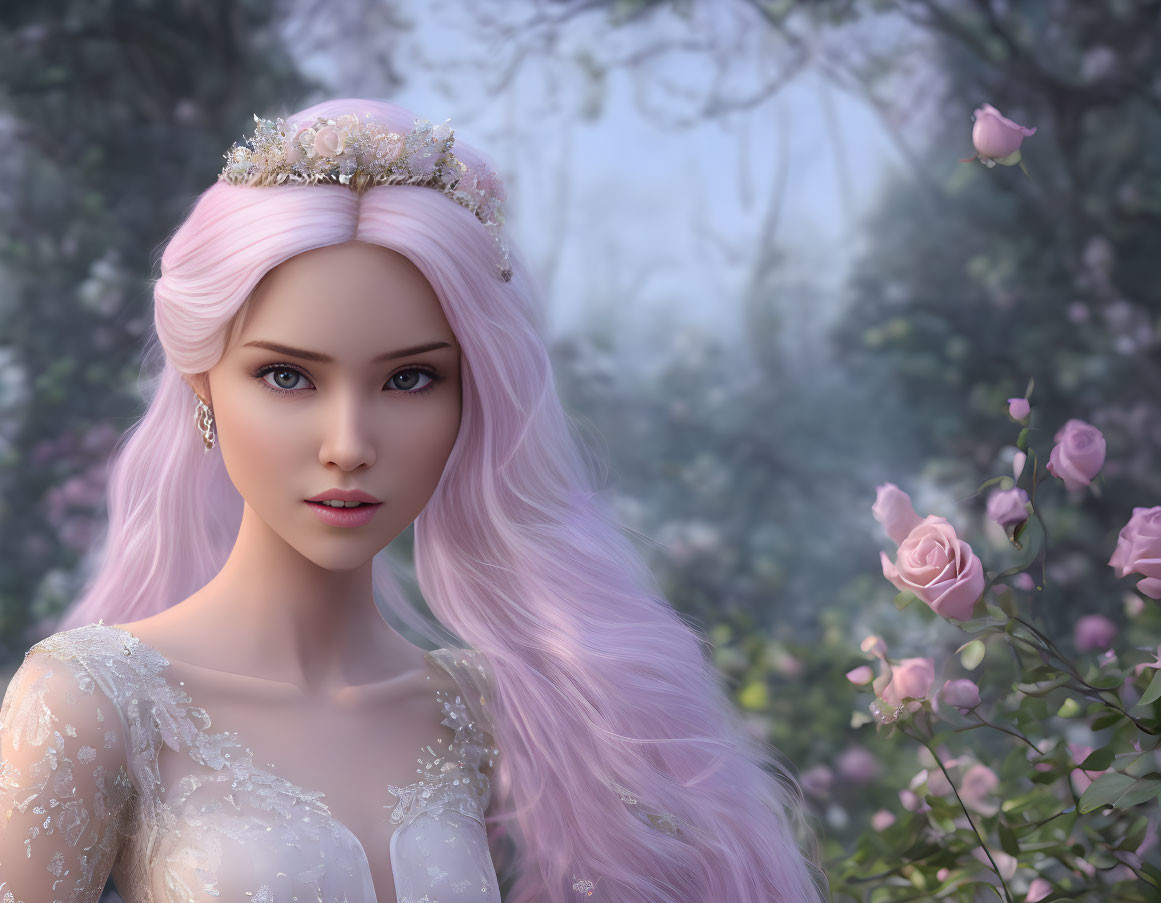 Fantasy Woman Portrait with Pink Hair and Crown in Misty Forest Scene