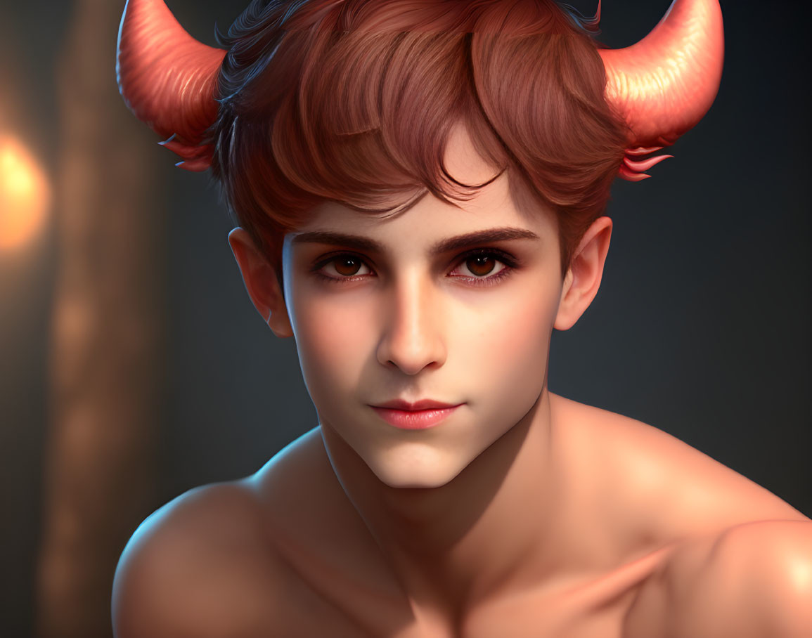 Fantastical character portrait with horns and intense eyes on dark background