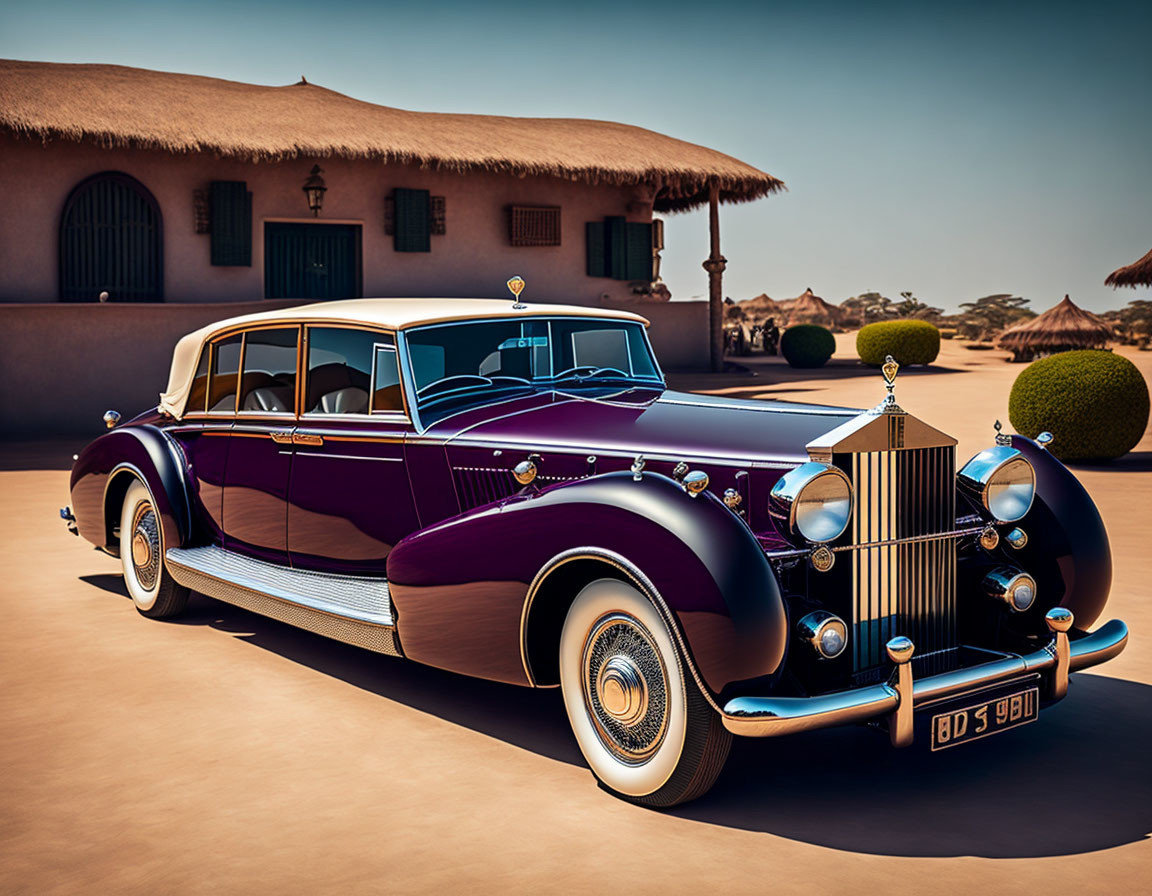 Classic Luxury Car in Purple and Black with Whitewall Tires and Chrome Details parked in front of