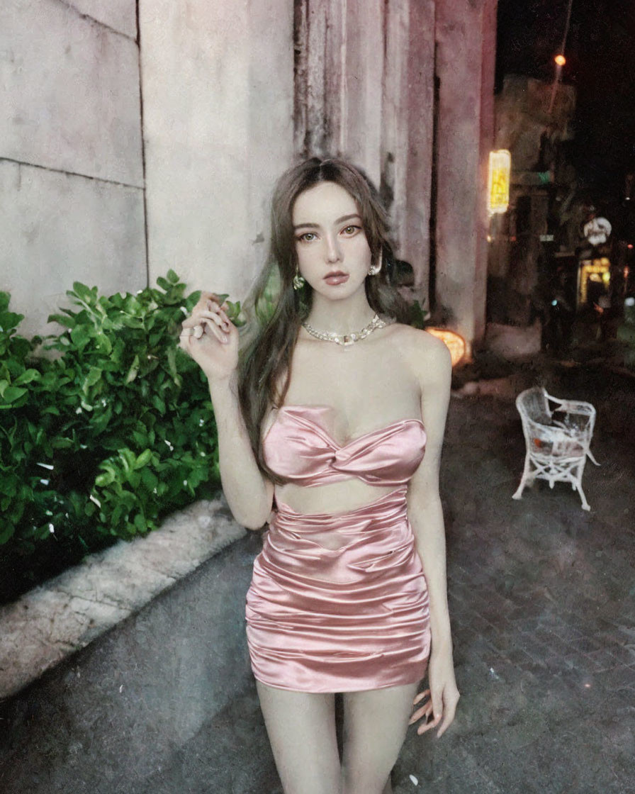 Long-haired person in pink dress and choker necklace on night street beside building and plants