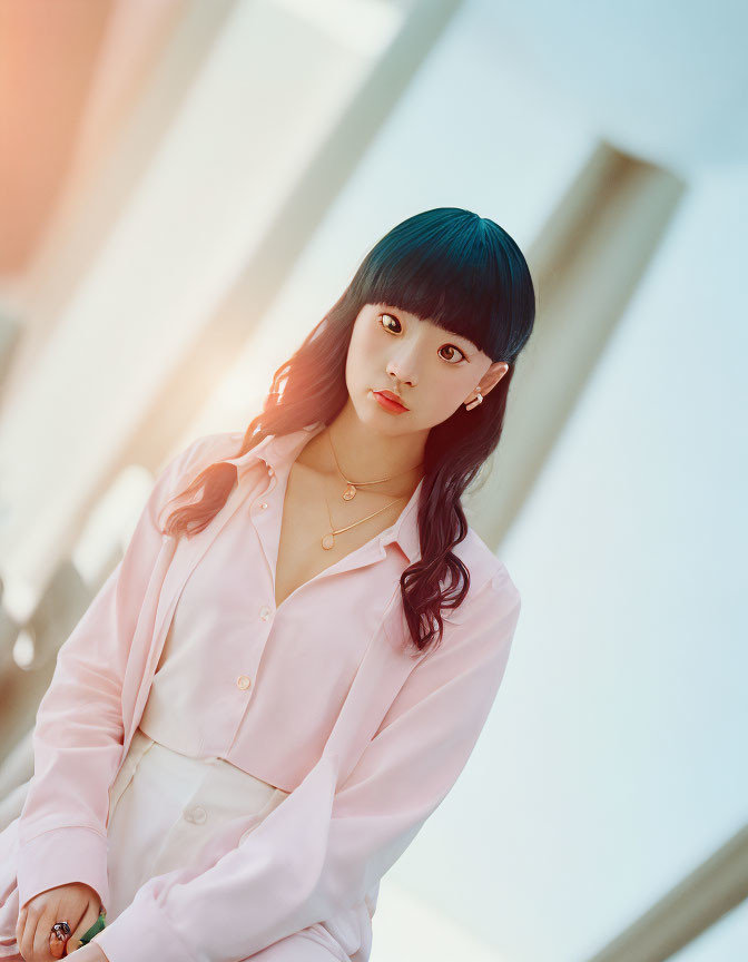 Blue-haired woman in pink shirt against architectural backdrop