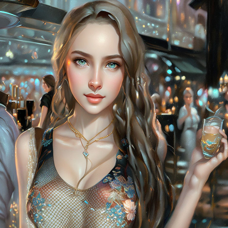 Digital Artwork: Young Woman with Blonde Hair and Blue Eyes Holding Drink at Party