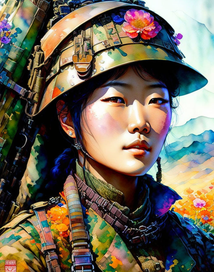 Colorful illustration of woman in camouflaged military uniform with flower helmet, against floral background