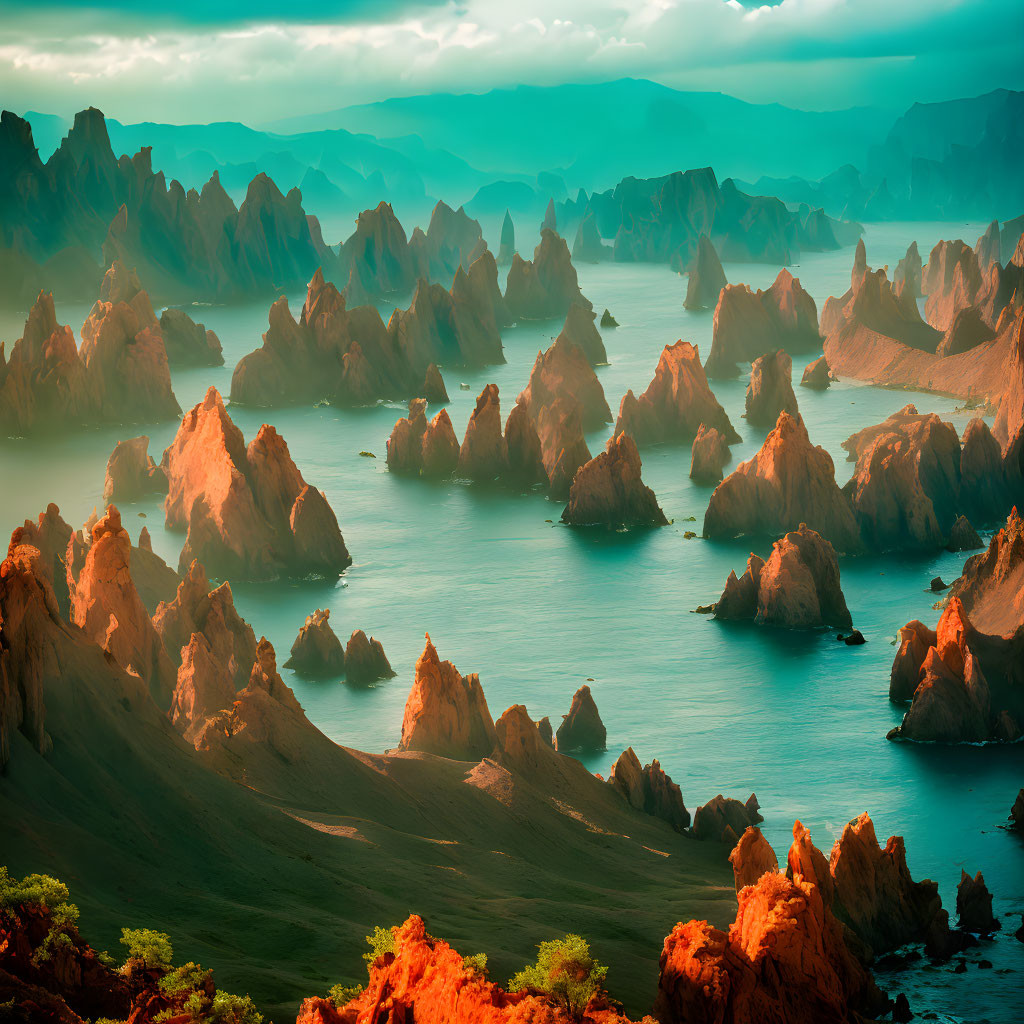 Surreal landscape: jagged mountains, blue waters, orange sky