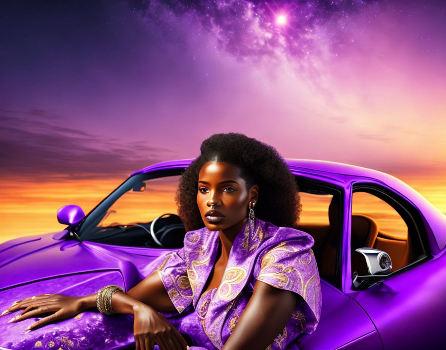 Woman with Afro Hair in Purple Attire Leaning on Purple Car under Twilight Sky