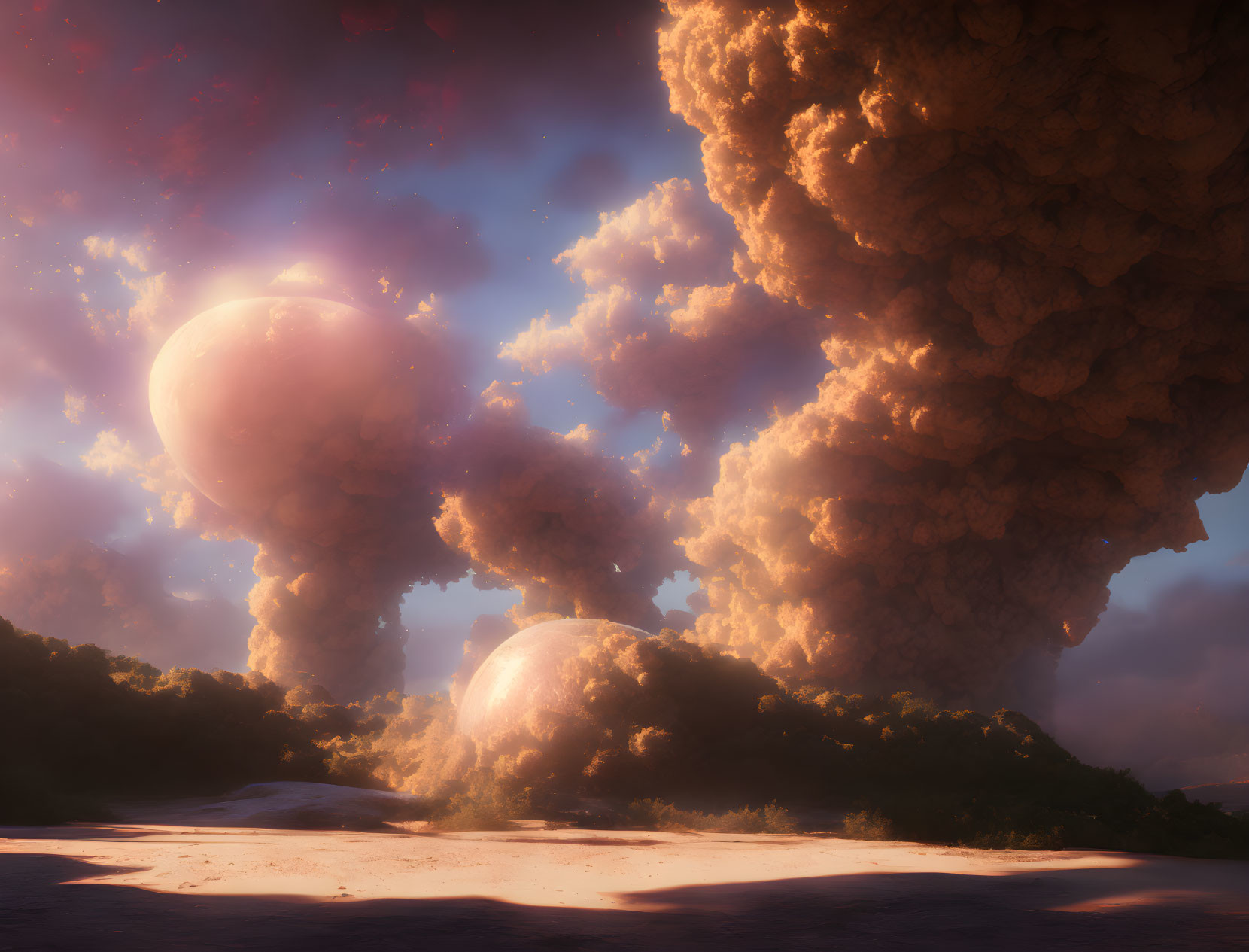 Pink sunset beach scene with gigantic mushroom clouds at the horizon