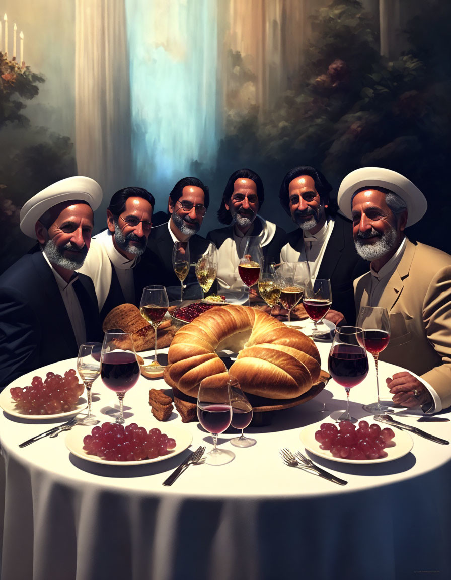 Group of Men Celebrating at Festive Table with Bread, Wine, and Crystal Glasses