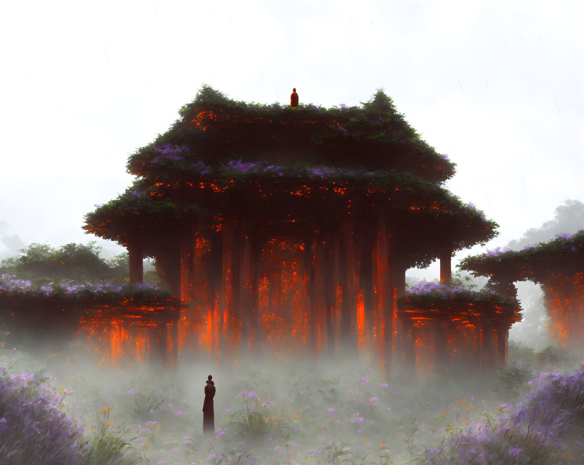 Two figures in surreal landscape with fiery tree and purple flora