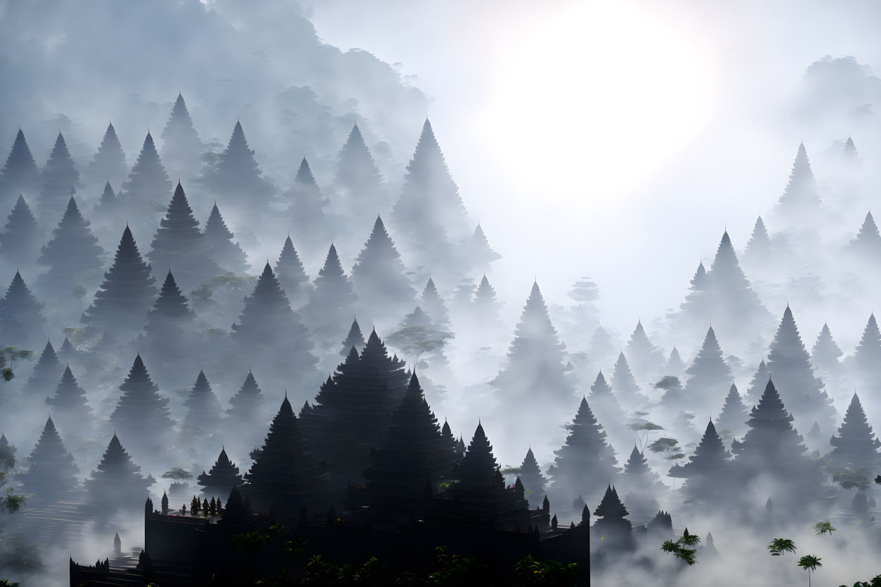 Sunlit Misty Forest with Pine Trees and Pagoda-like Silhouettes