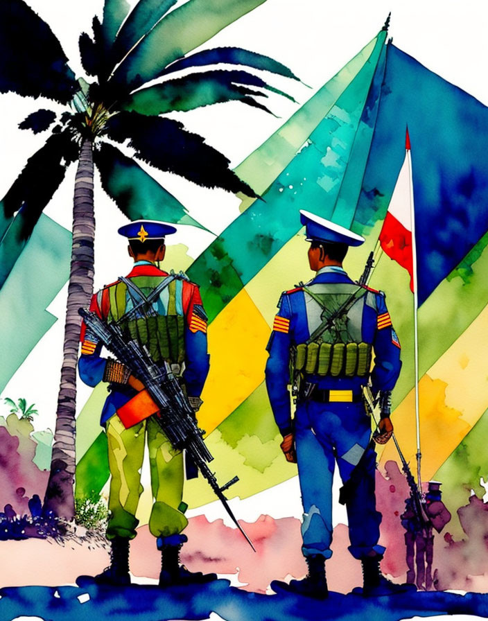 Military soldiers with rifles in front of geometric shapes and watercolor backdrop.