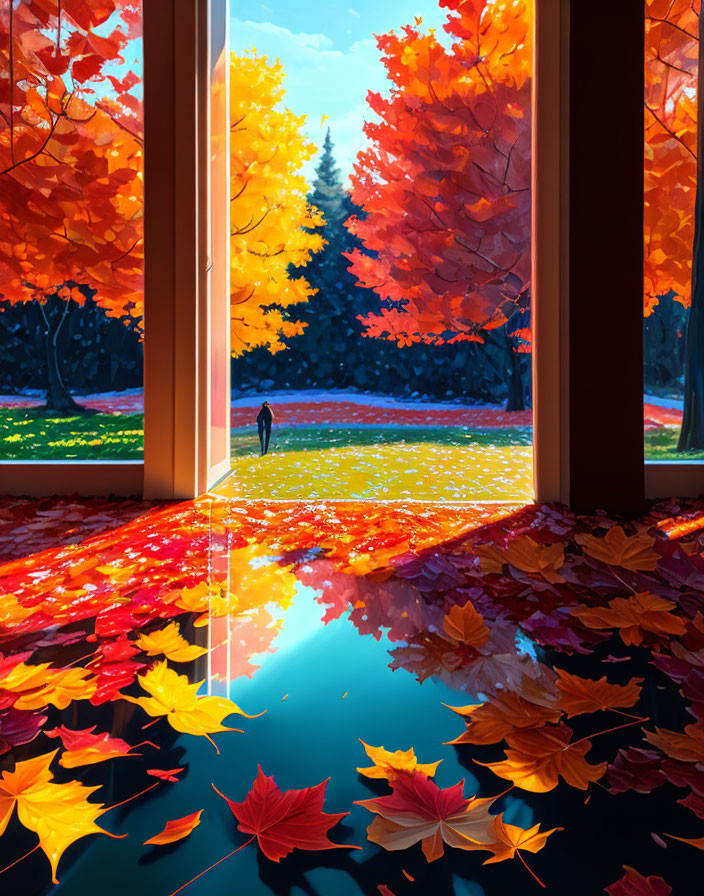 Colorful autumn leaves and lone figure in doorway scene