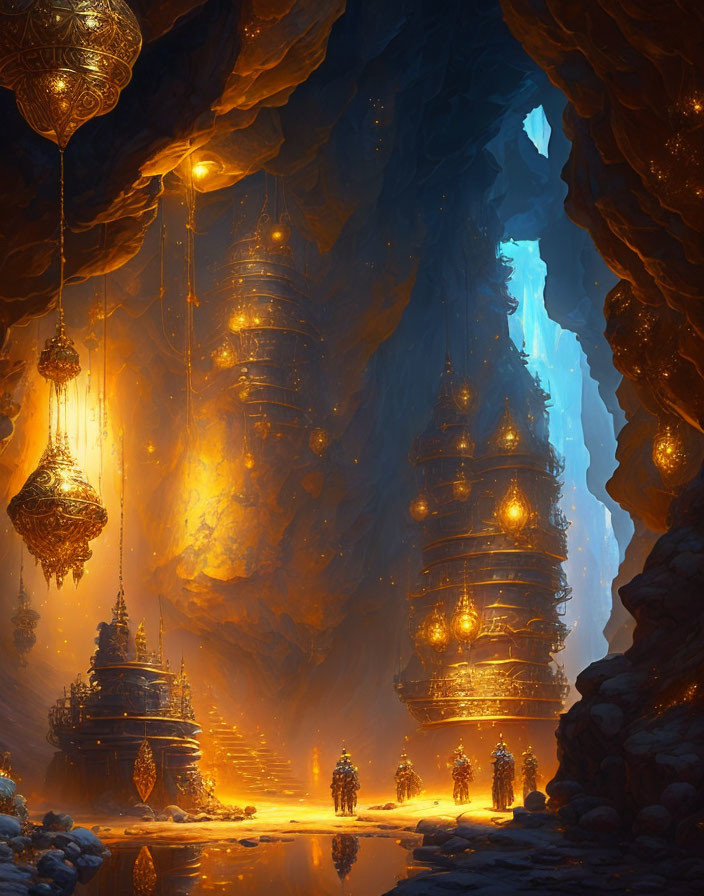 Ethereal underground cavern with golden light, lanterns, figures, and towering structures