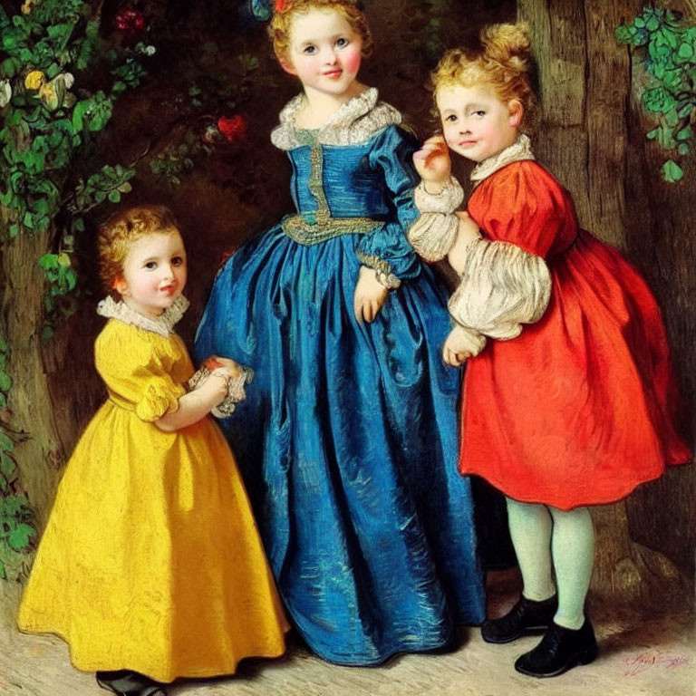 Vintage Clothing Children Pose in Yellow, Blue, and Red Dresses
