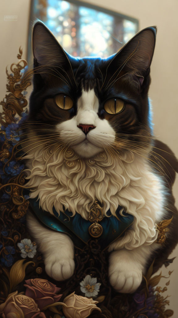 Digital art of regal cat with human-like hair and clothes, golden eyes, and ornate background