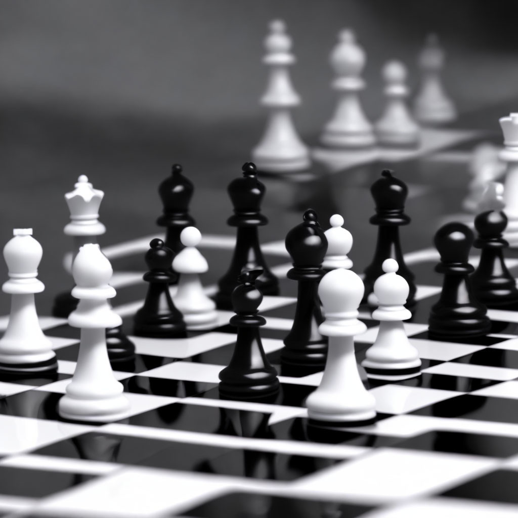 Black and White Chess Set Mid-Game with Black Pawn Focus