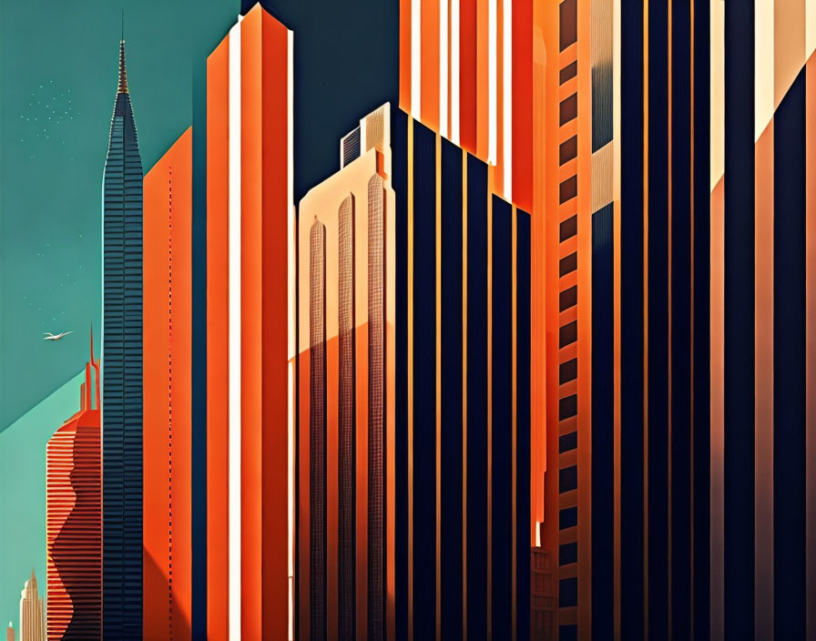 Cityscape Illustration: Skyscrapers in Warm and Cool Tones at Dusk