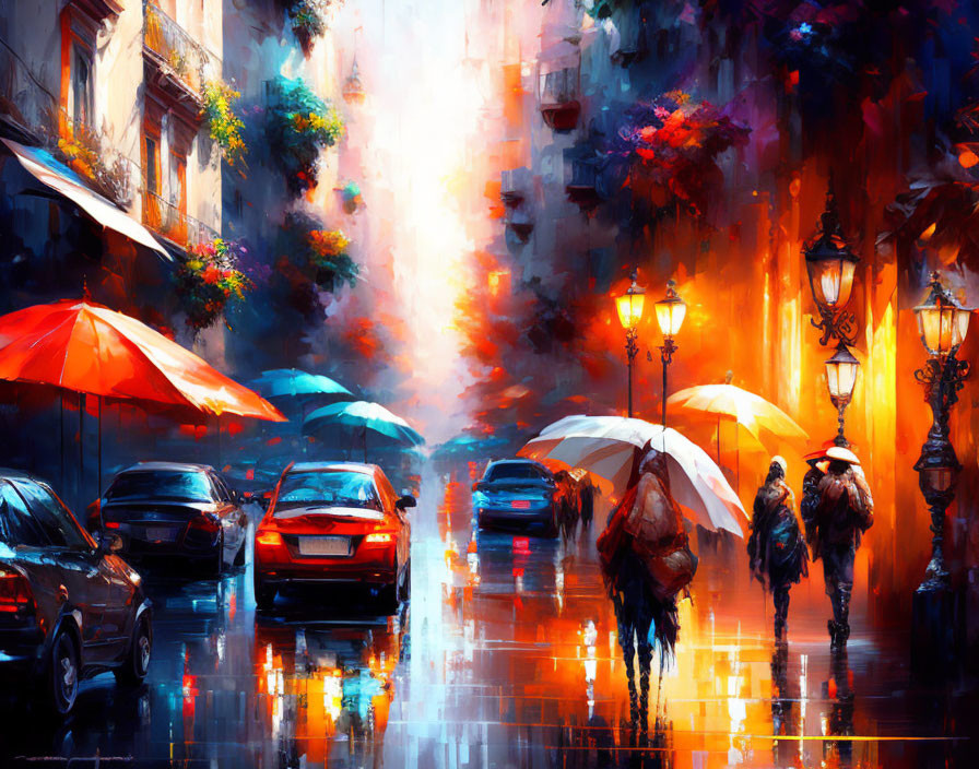 Rainy City Street Scene with Umbrella-Holding People, Reflecting Lights, and Parked Cars