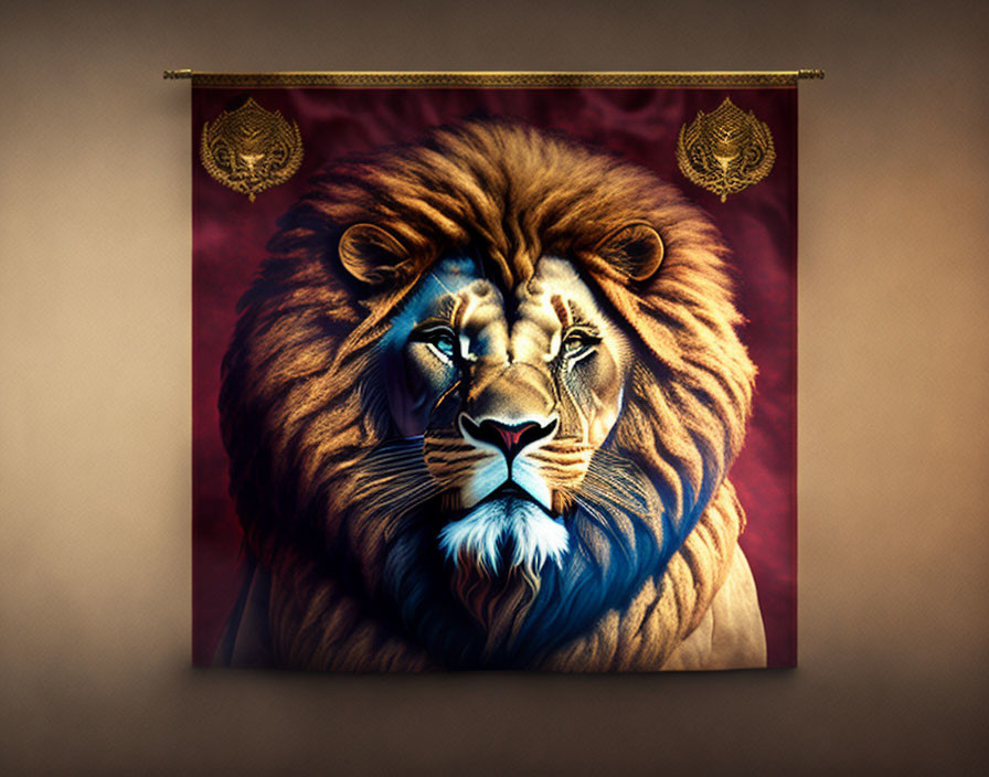 Majestic Lion Tapestry in Blue and Brown Palette