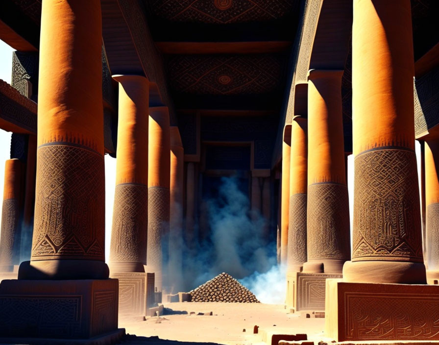 Ancient temple interior with ornate pillars, intricate carvings, and mystical haze.