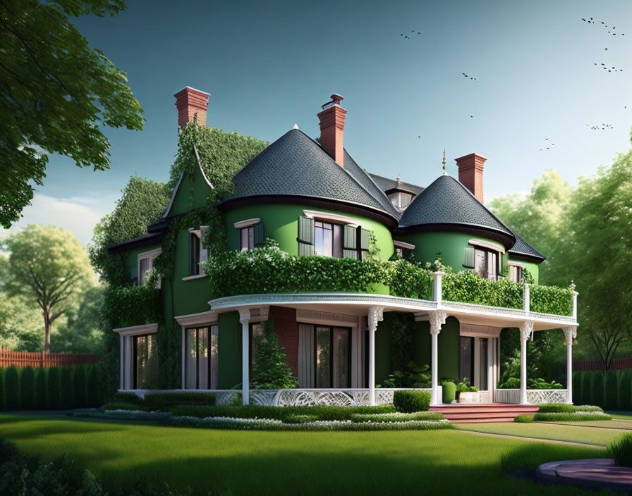 Victorian-style Green House with Wraparound Porch & Birds in Clear Sky