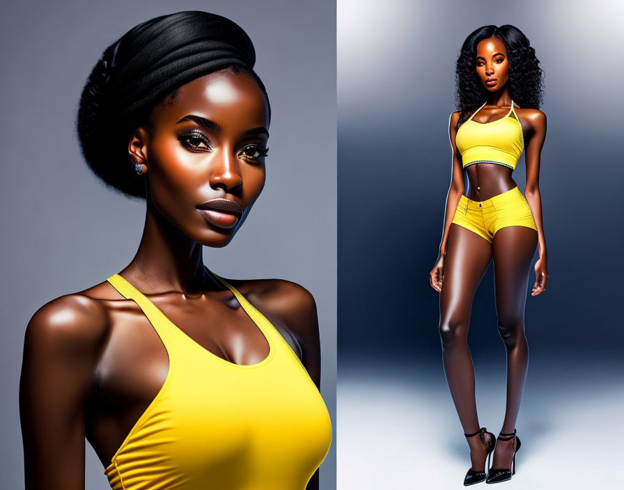 Composite Image of Woman in Yellow Outfit: Dynamic Pose and Headshot