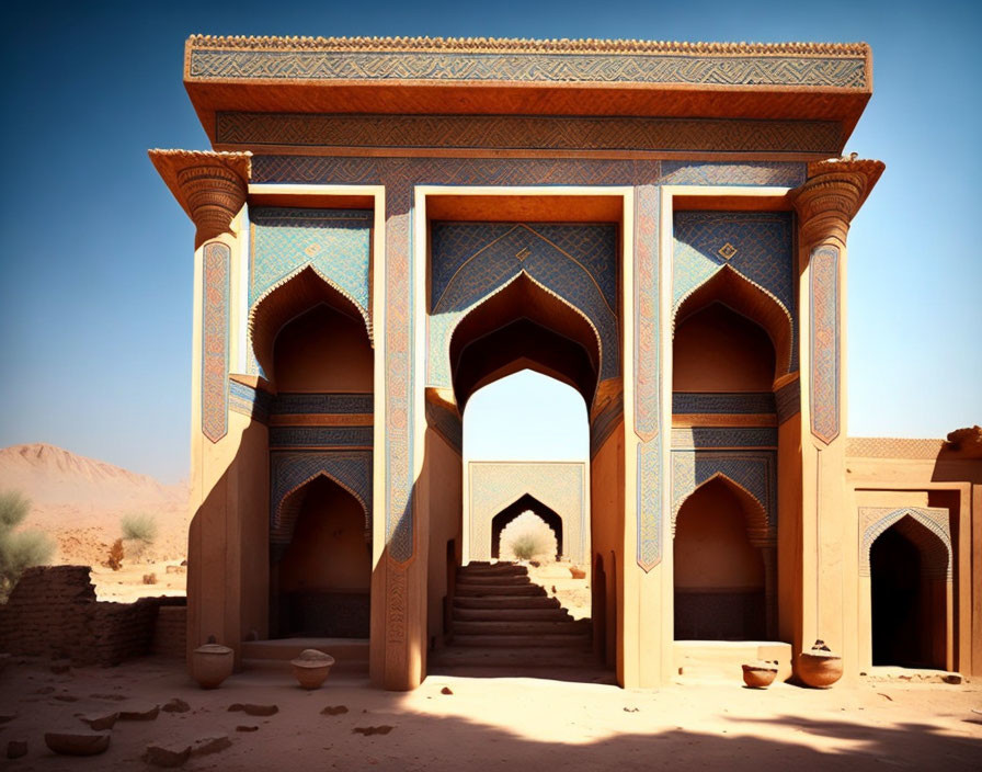 Intricate desert structure with arched entrance and mosaic designs