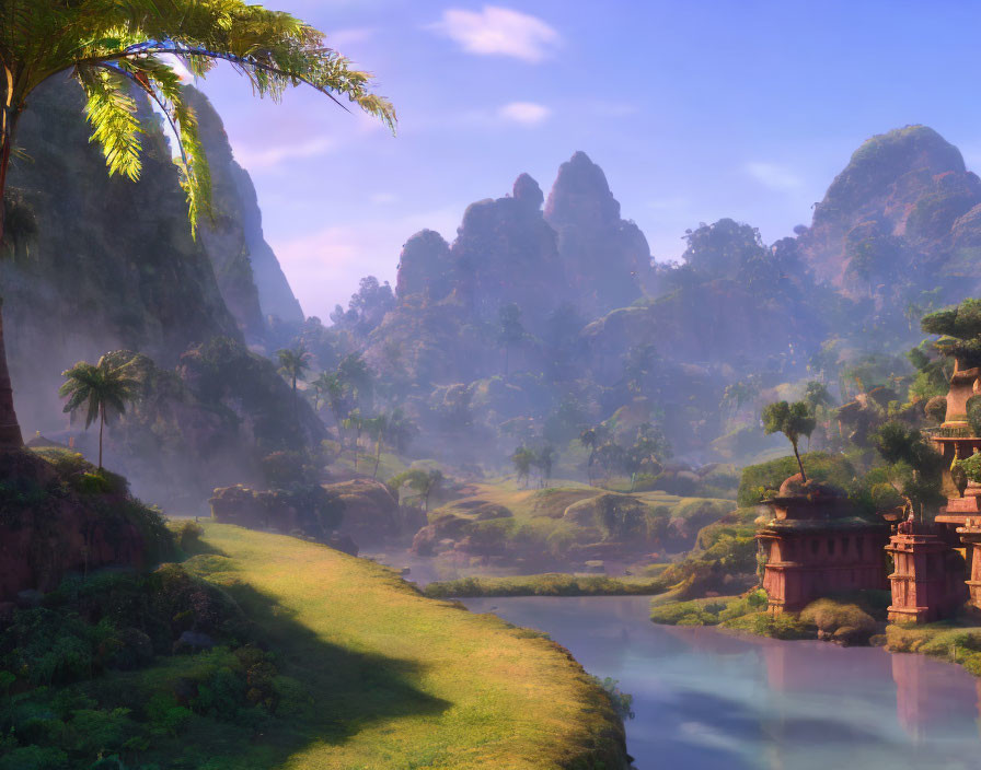 Tranquil landscape with river, palm trees, and rock formations