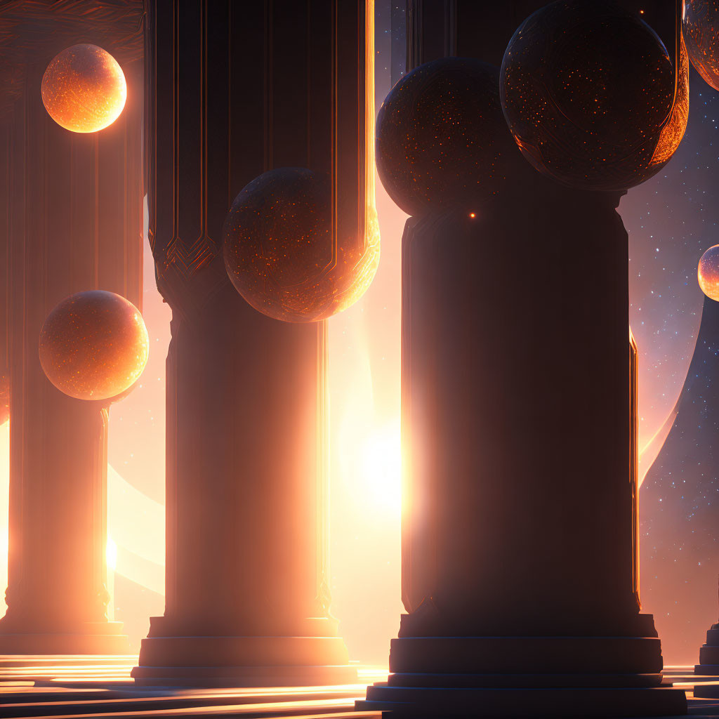 Ethereal glowing orbs among classical columns in warm light