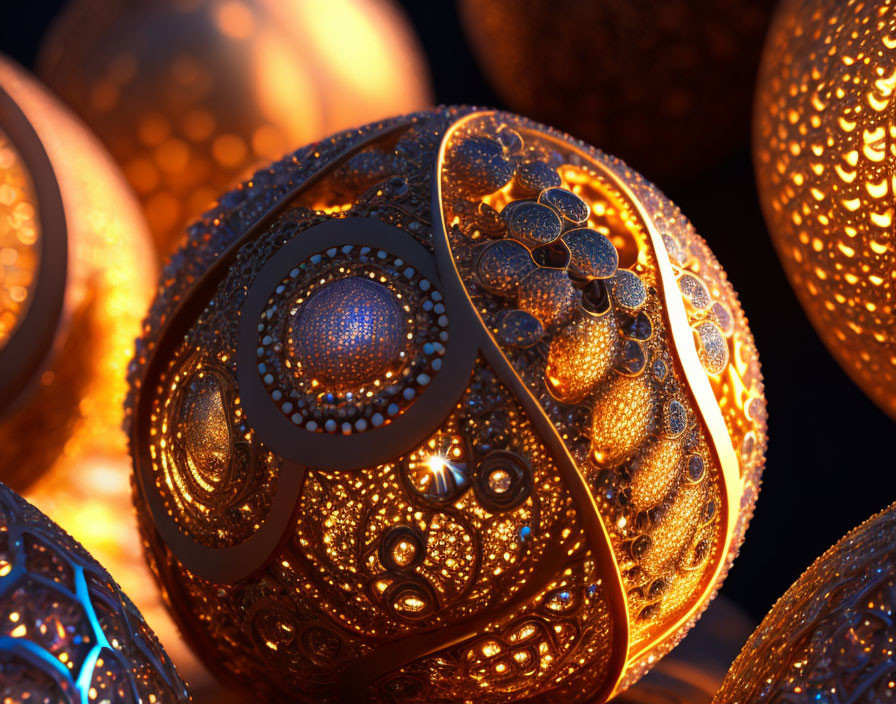 Intricate Golden Orbs with Glowing Lights on Dark Background