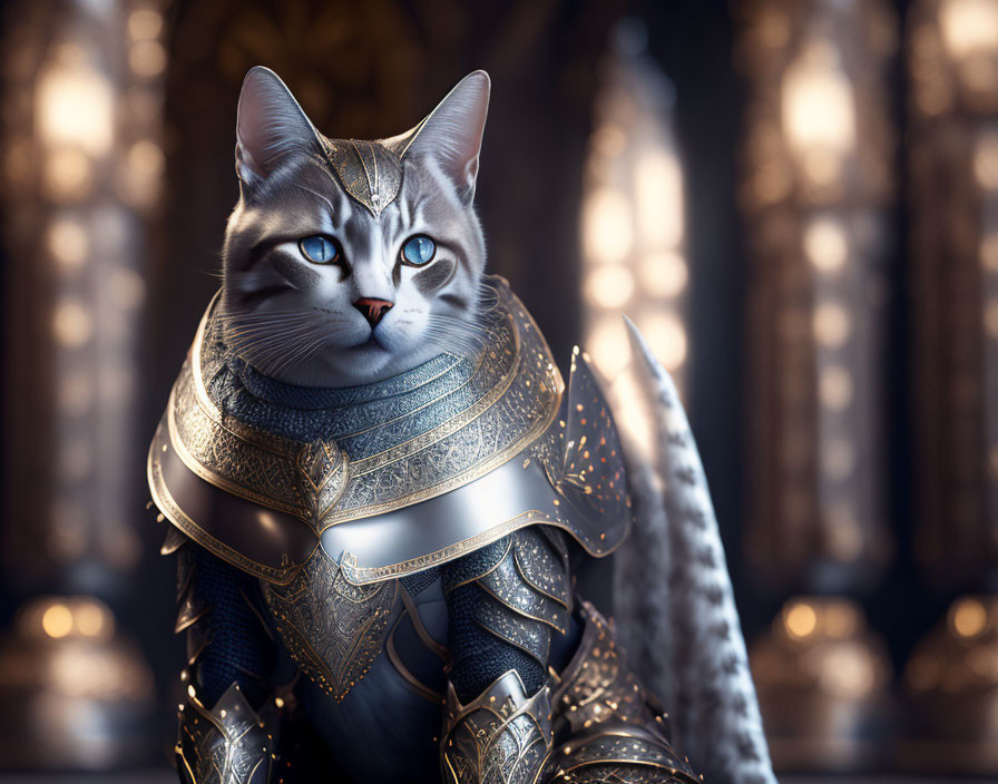 Cat in Medieval Knight Armor with Gothic Background