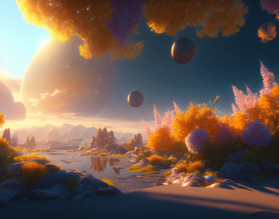 Fantastical landscape with floating islands and multiple moons.