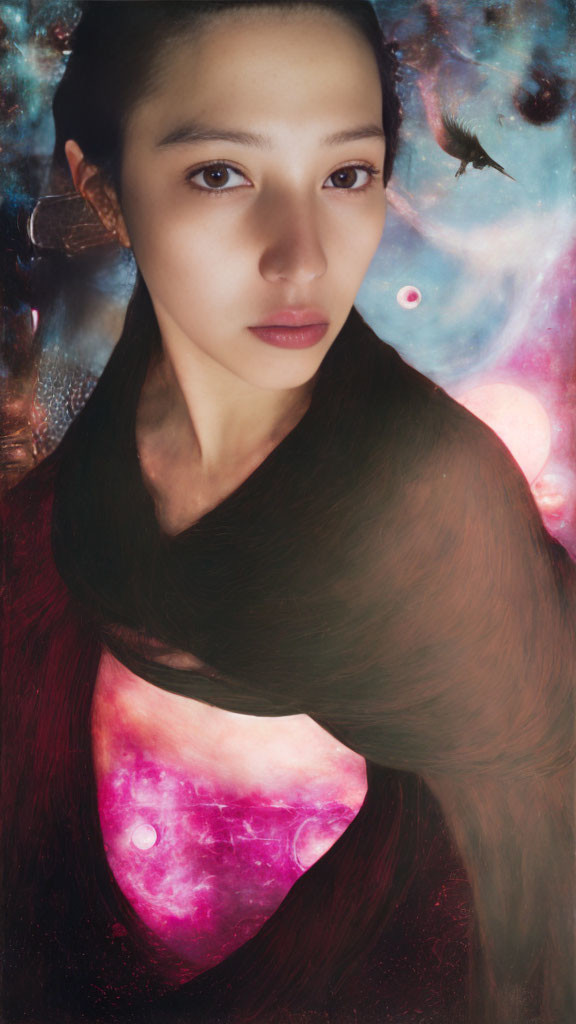 Calm woman in cosmic background with stars and nebulae patterns