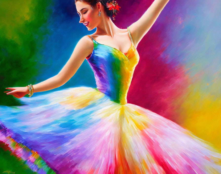 Colorful painting of a dancer in motion against vibrant background