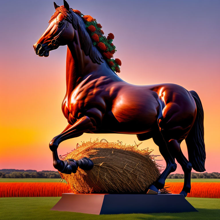 Brown Horse Statue Rearing with Garland at Sunset