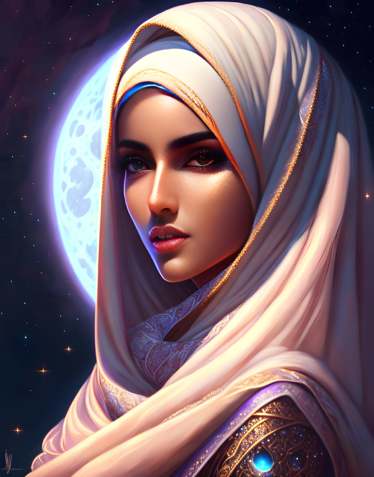 Detailed illustration of woman in hijab under starry night sky