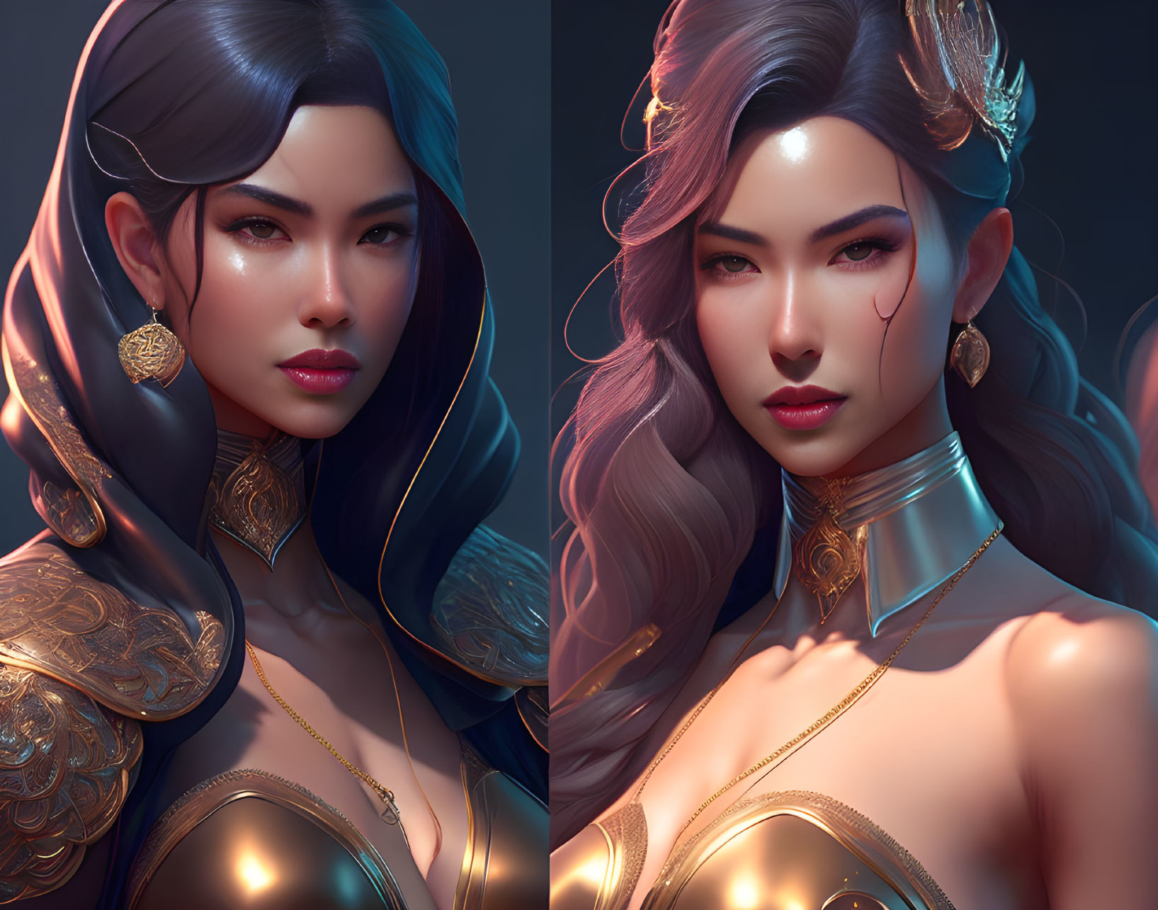 Fantasy female character with elven ears in elegant armor and golden accessories_dual portrait with varying lighting and