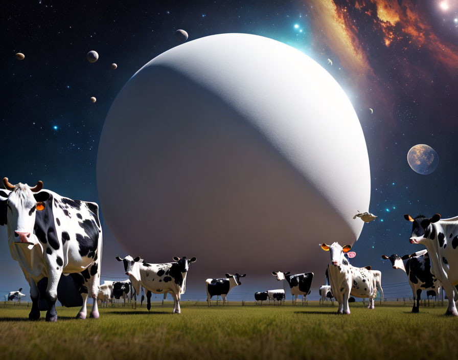 Cows grazing under starry sky with planet and moons