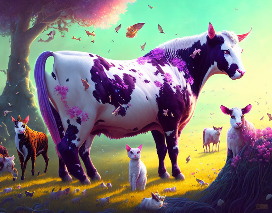 Whimsical digital artwork: Oversized purple and white cows in vibrant field with cats and butterflies