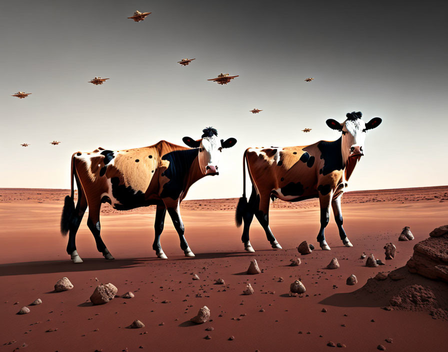 Desert landscape with three cows and flying saucer-like objects