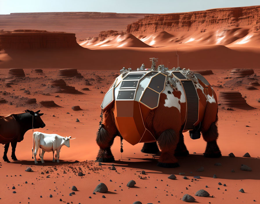 Futuristic Mars rover with hairy legs and cows on red Martian surface