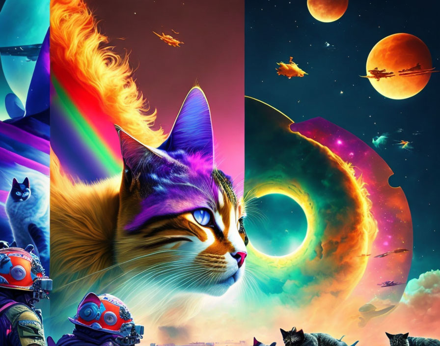 Colorful cosmic scene with giant cat head, planets, stars, and astronauts riding animals